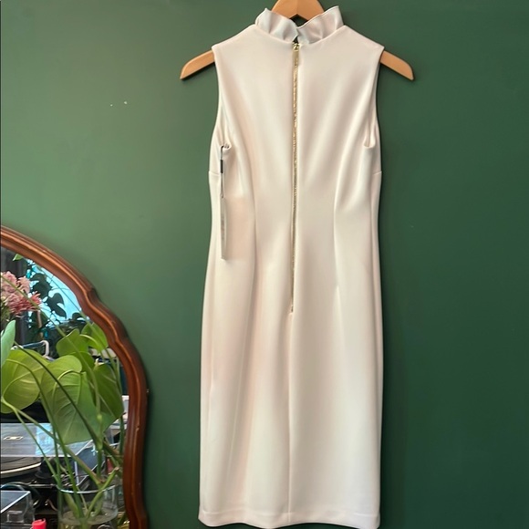 Calvin Klein White Ruffle Neck Midi Dress Women's 2 Cocktail Summer Gold Zipper - Picture 6 of 8